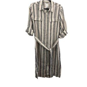 Core Life Linen Striped Button Down Shirt Dress Tan Cream Belted Size Medium